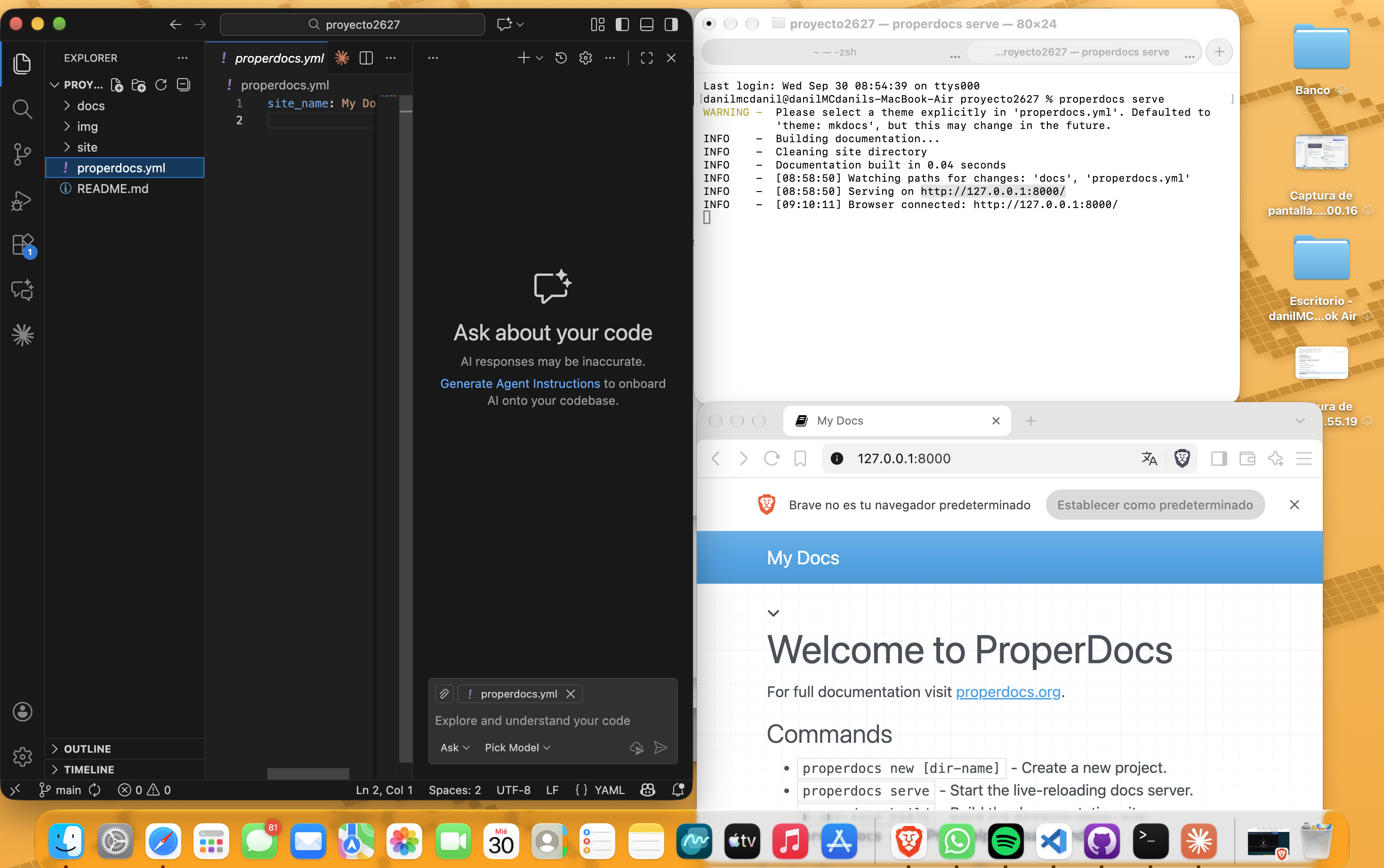 ProperDocs en funcionamiento: properdocs.yml abierto en VS Code, properdocs serve en la terminal y el sitio visible en 127.0.0.1:8000.