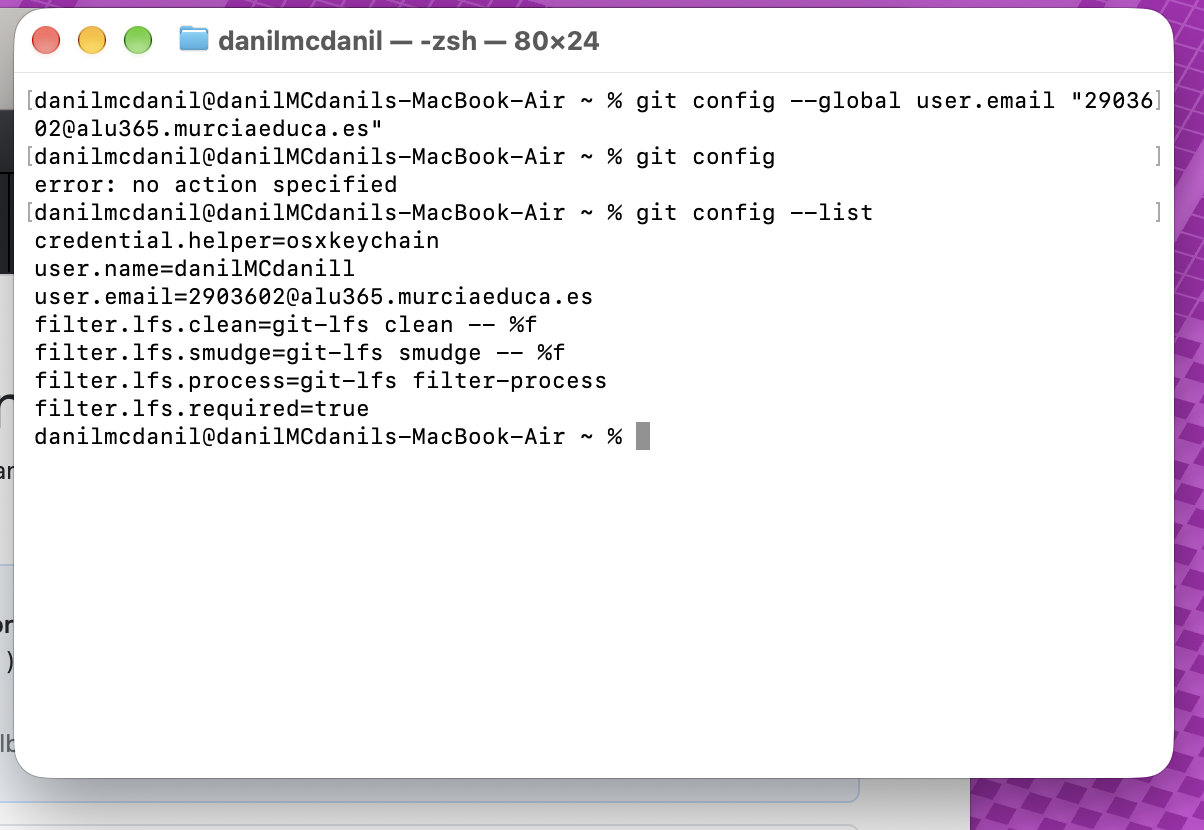 Configuración de Git: comandos git config y listado con el usuario y el email.