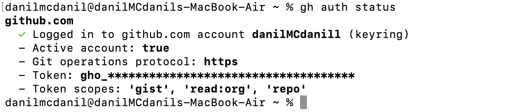 Comprobación de la sesión de GitHub con gh auth status.