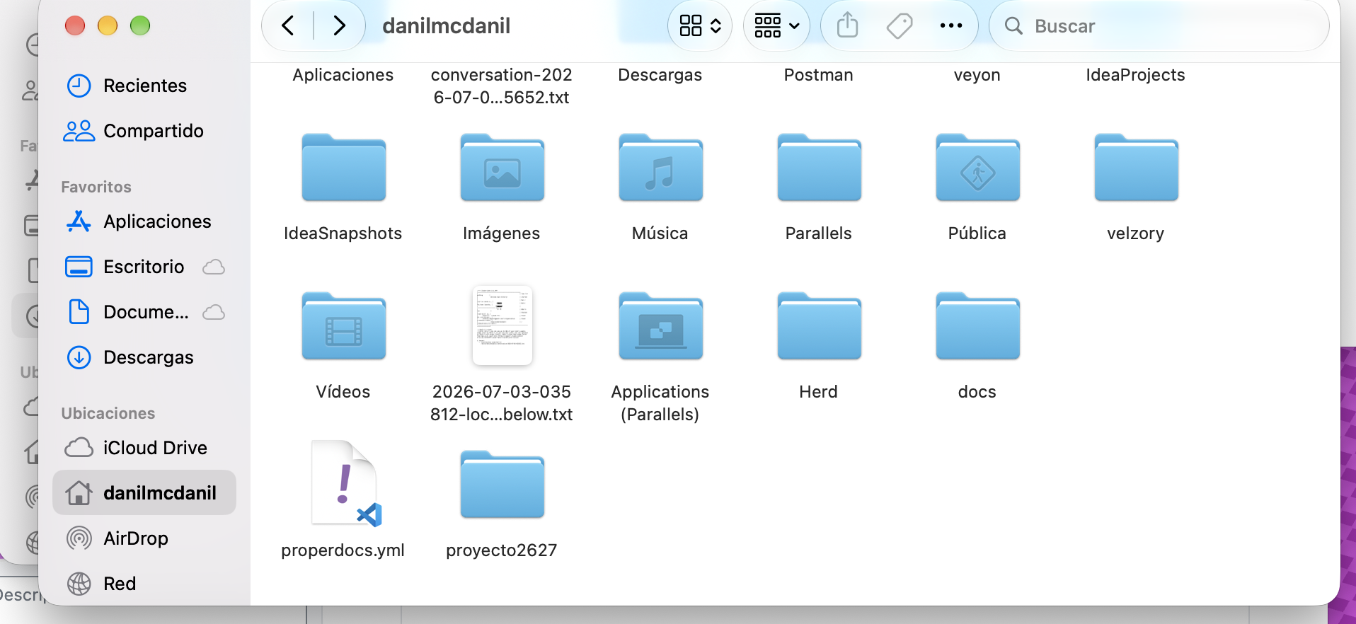 Carpeta personal en Finder con Herd, docs, proyecto2627 y properdocs.yml.
