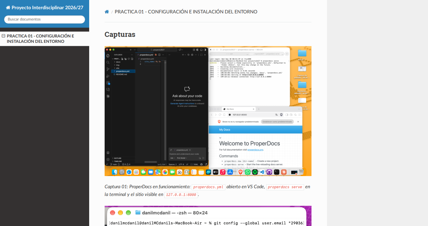 Sitio con el tema readthedocs: barra lateral con el menú, buscador, ruta de navegación y contenido de la práctica.